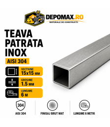 Teava patrata inox AISI 304, 15 x 15 x 1.5 mm, 6 metri